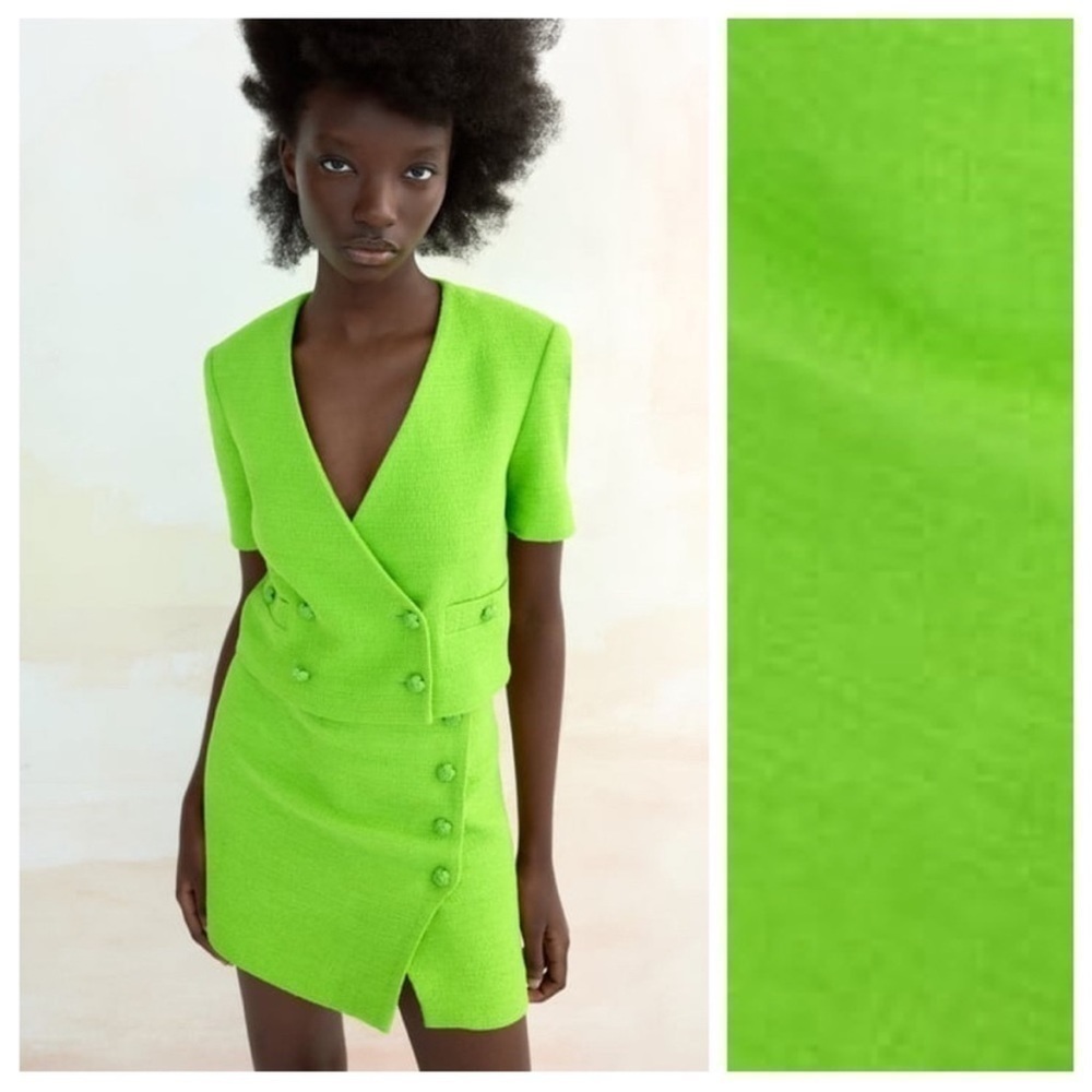 Zara green tweed cropped v neckline blazer size S